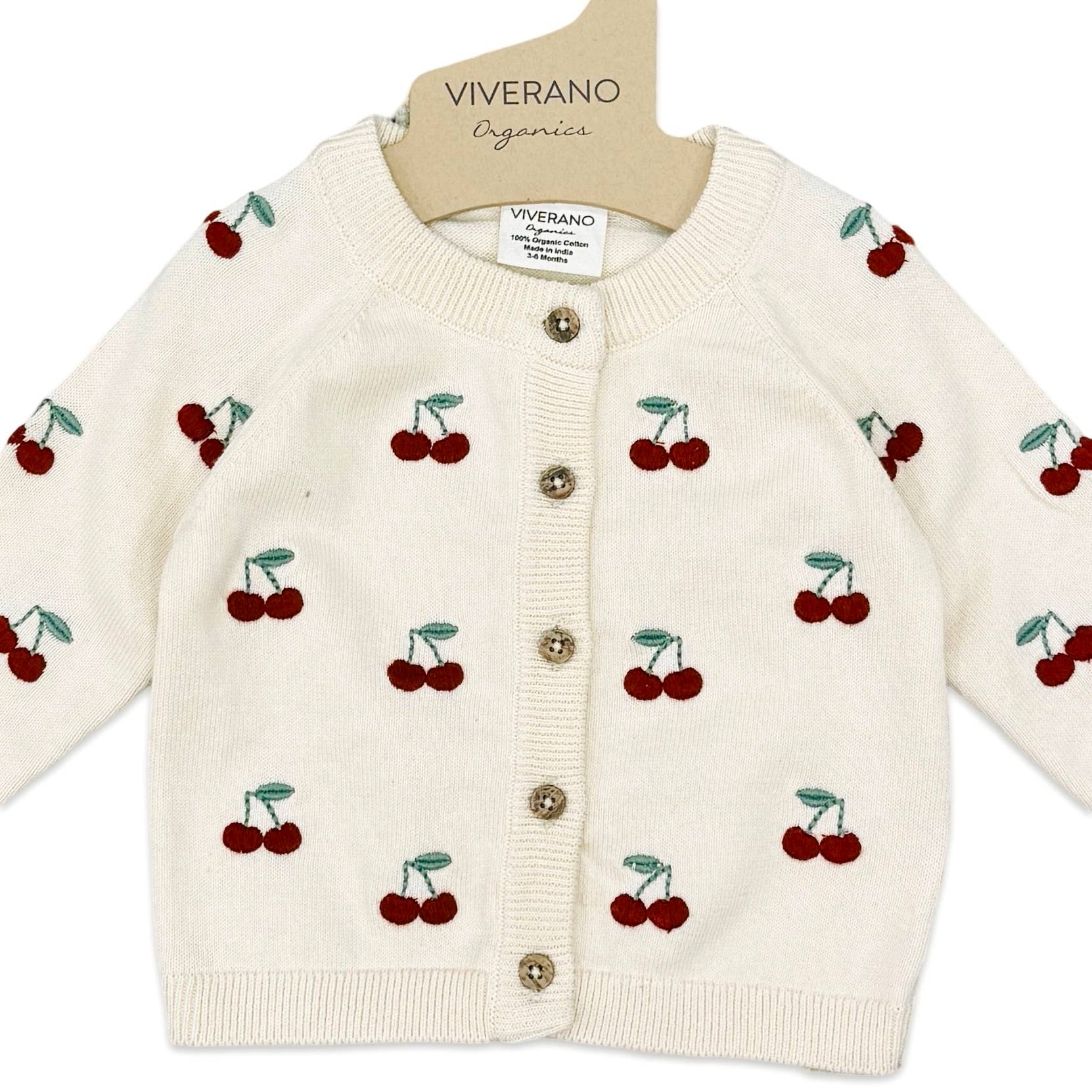 Organic Cherry Embroidered Sweater Knit Baby Cardigan