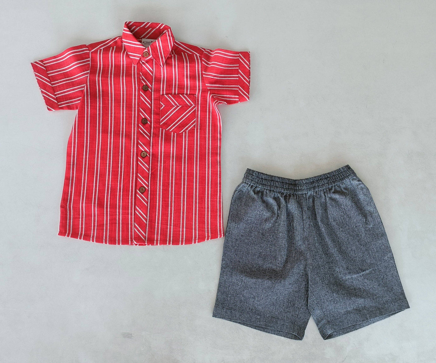 Red Stripes Print Boys Shirt & Black Chambray Shorts set