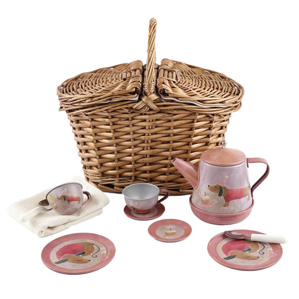 Musical Dog Tin Tea Set In A Basket