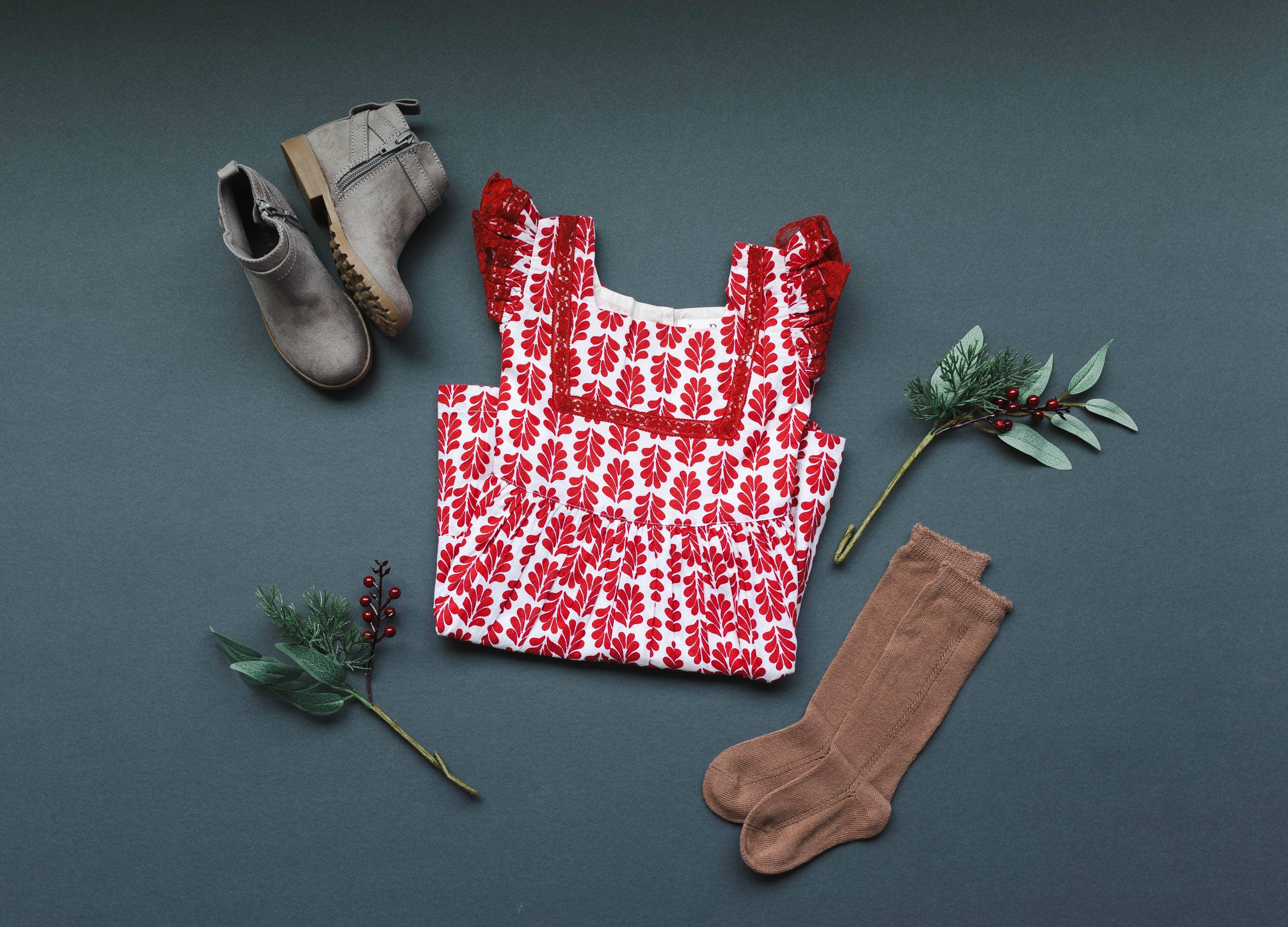 Red Floral Printed Dress with Lace Detail