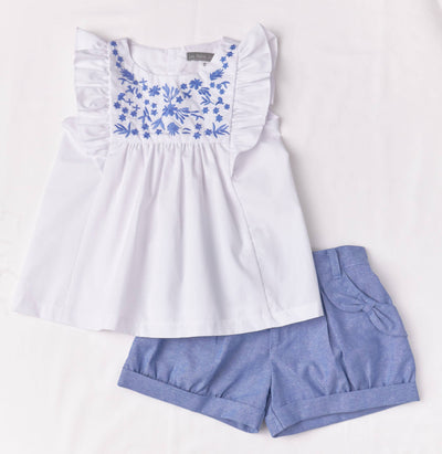 Blue Floral Embroidered Top + Bloomers