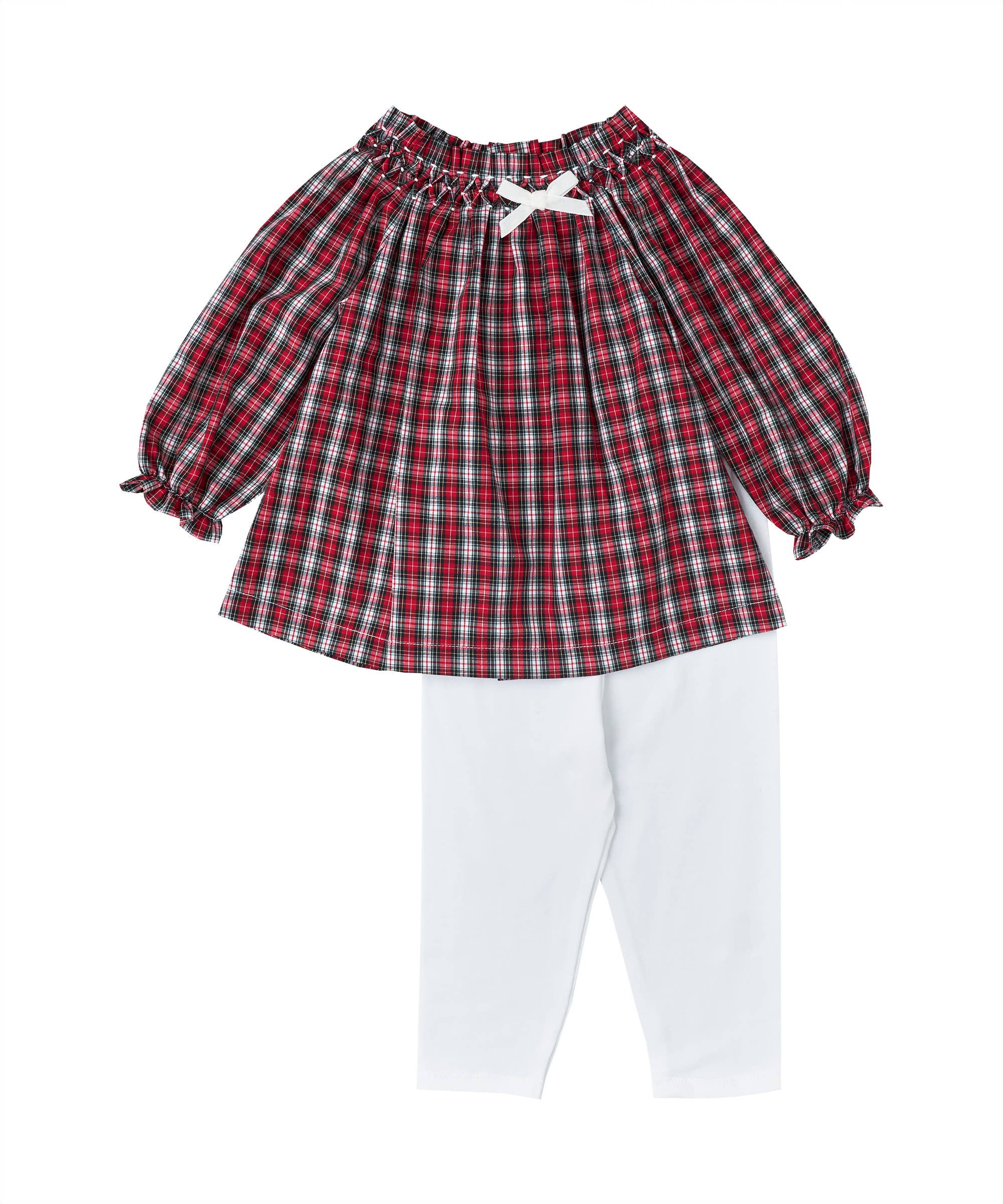 Red Smocked Plaid Tunic + White Leggings