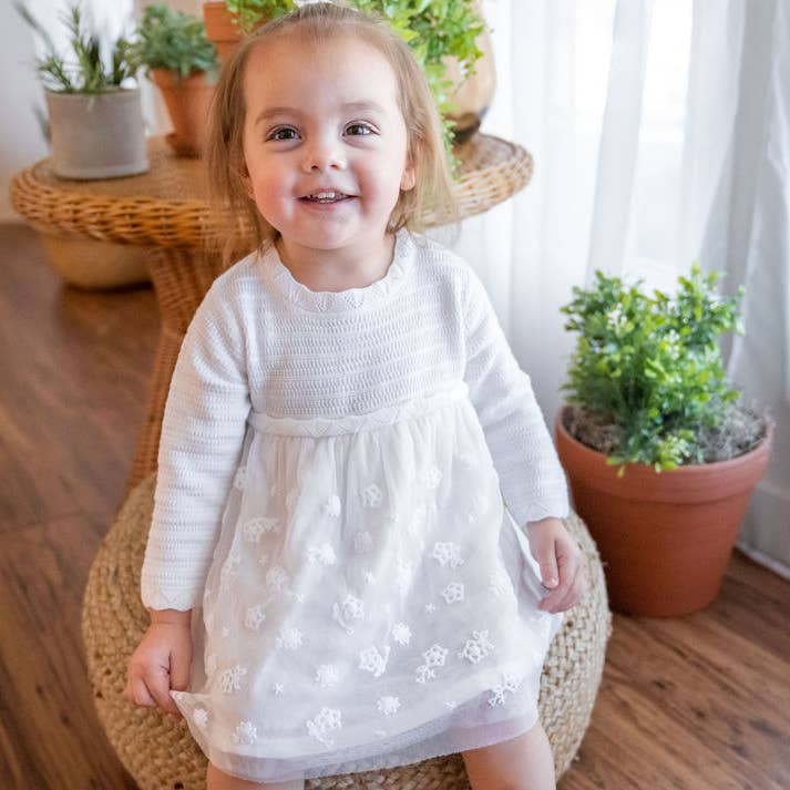 Organic White Floral Embroidered Tutu Knit Baby Dress