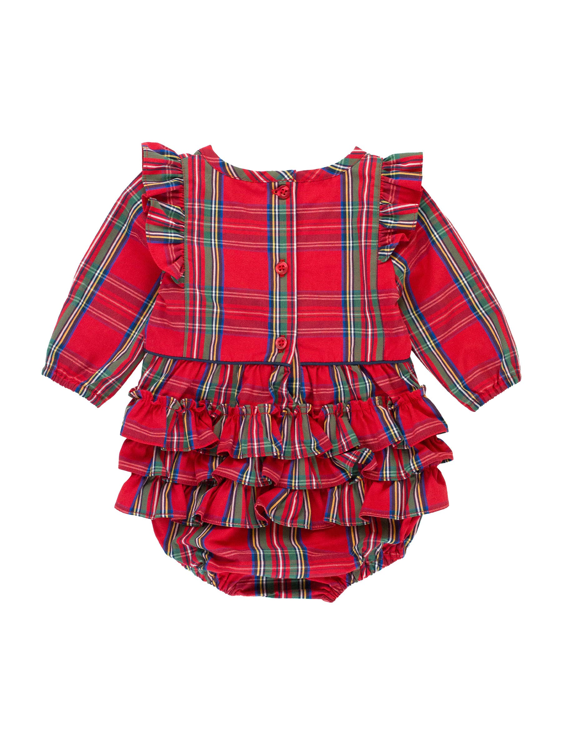 Plaid Long Sleeve Ruffle Trim Bubble Romper