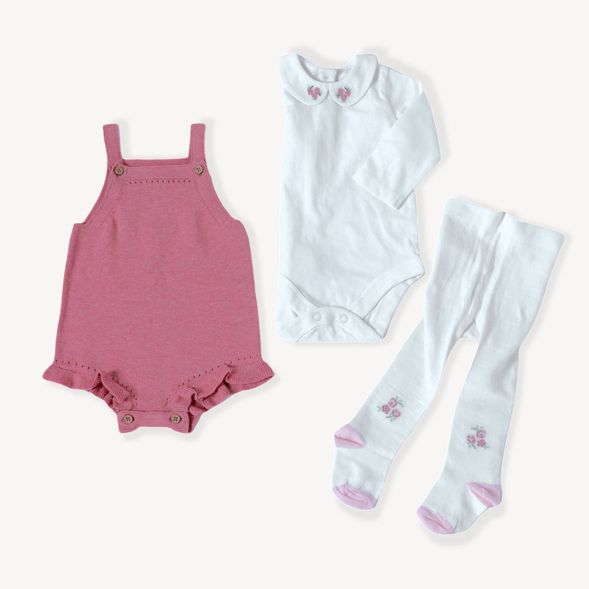 Rose Heather Knit Baby Romper+Bodysuit+Tights (3 Piece Set)