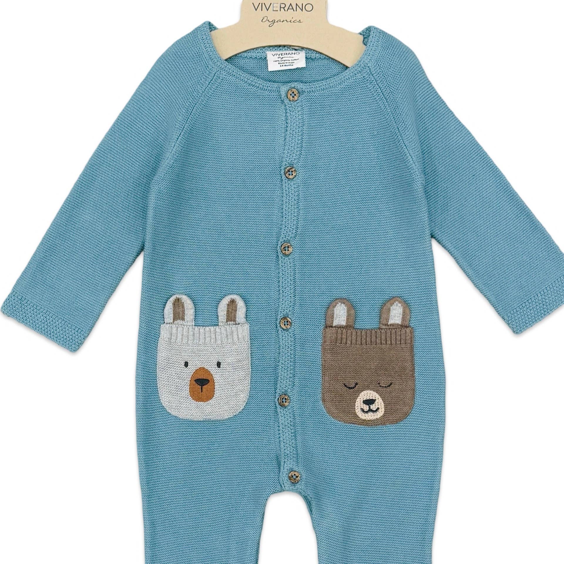 Bear Embroidered Pocket Sweater Knit Baby Jumpsuit