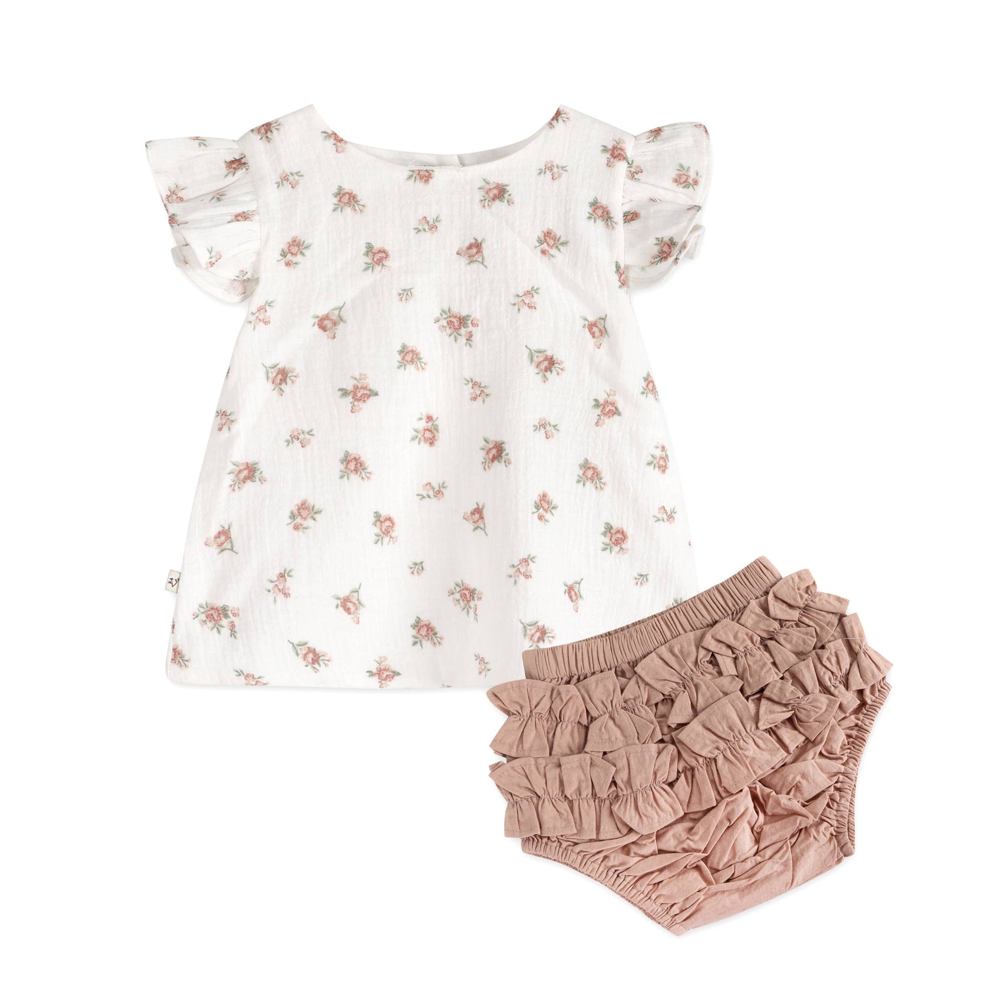 Tea Rose Floral Ruffle Sleeve Baby Top + Bloomer (Organic)
