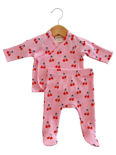 Organic Waffle Kimono & Pant Set, Pink Cherries