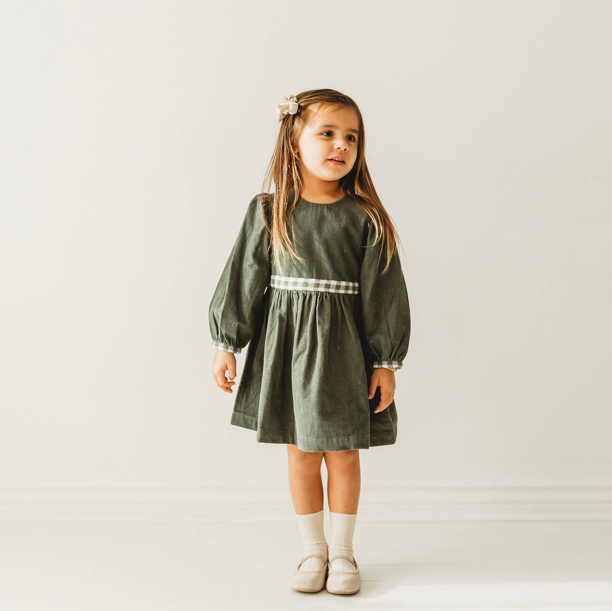 Jade Green Corduroy Gingham Long Sleeve Dress