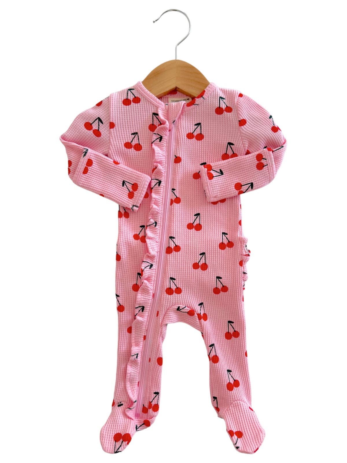 Organic Waffle Ruffle Zip Footie, Pink Cherries