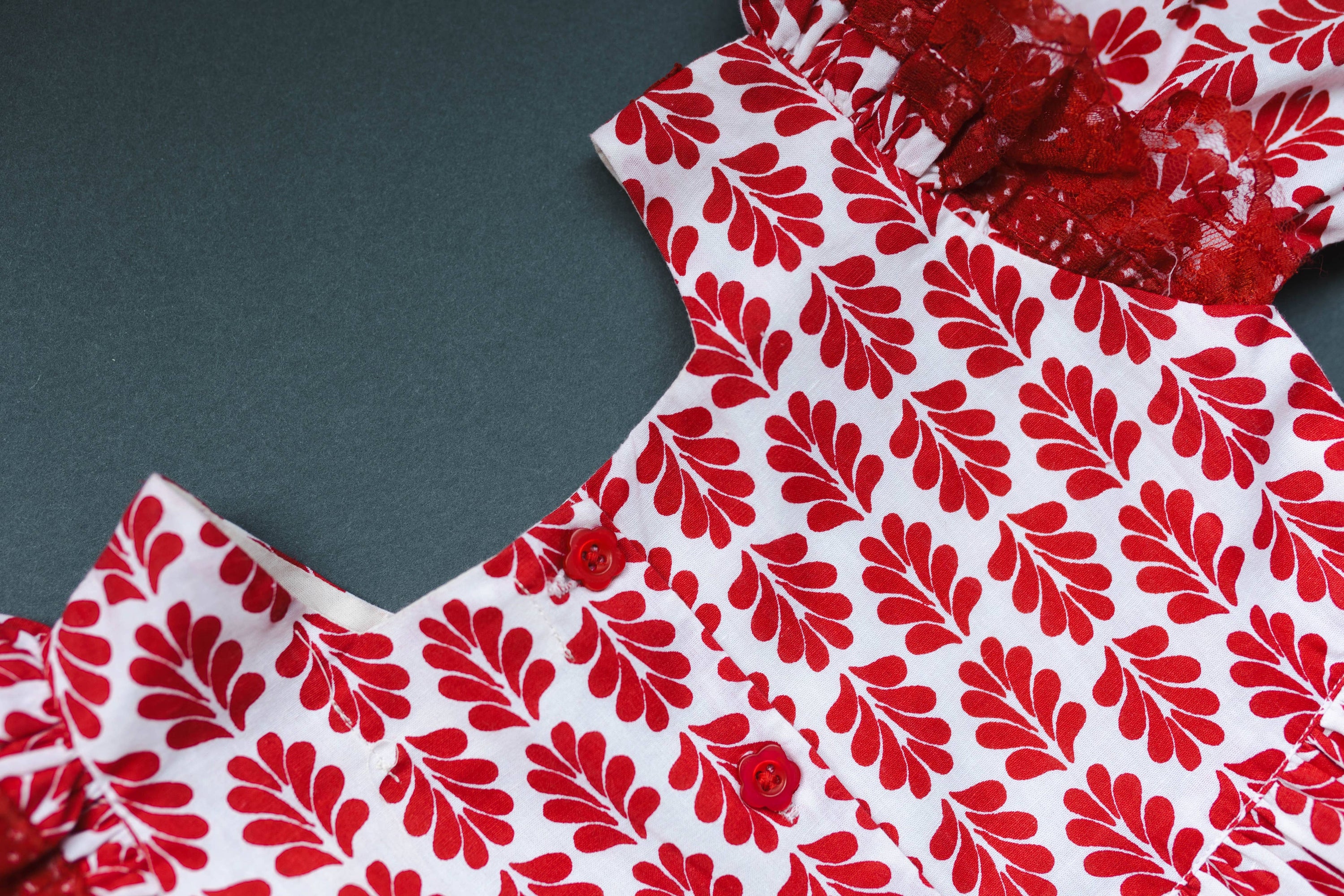 Red Floral Printed Dress with Lace Detail