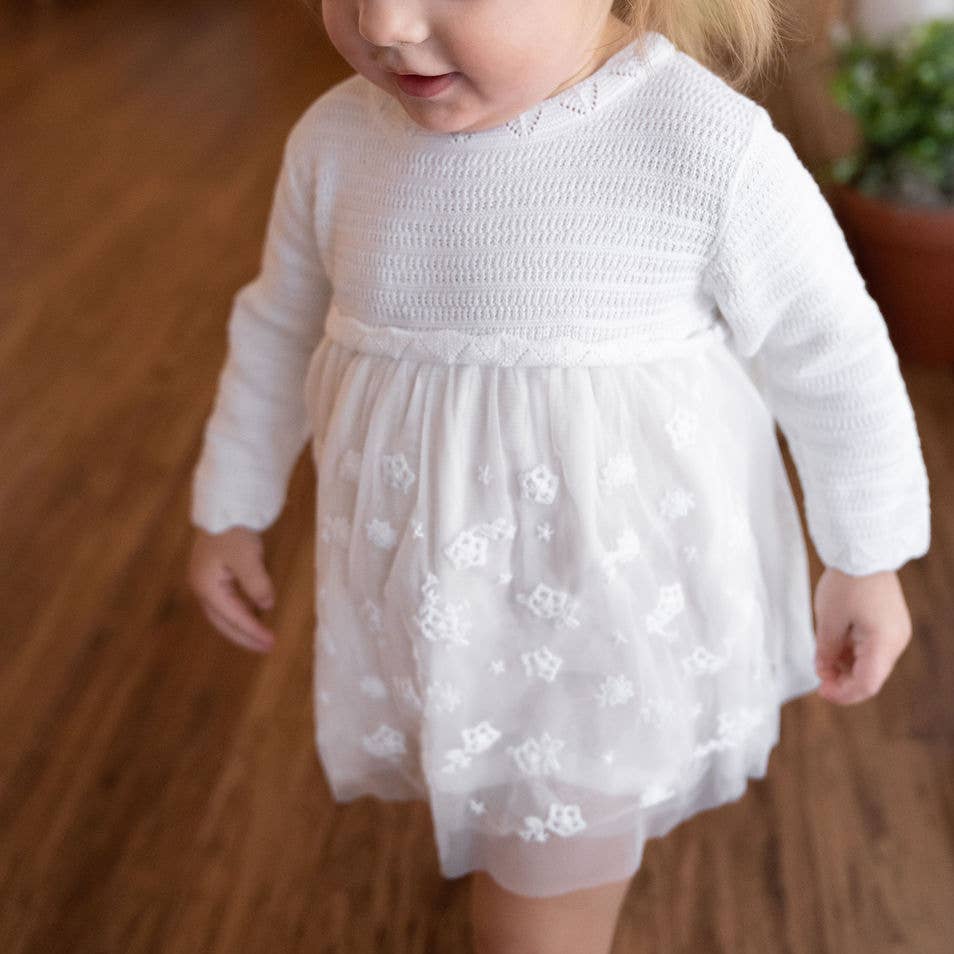 Organic White Floral Embroidered Tutu Knit Baby Dress