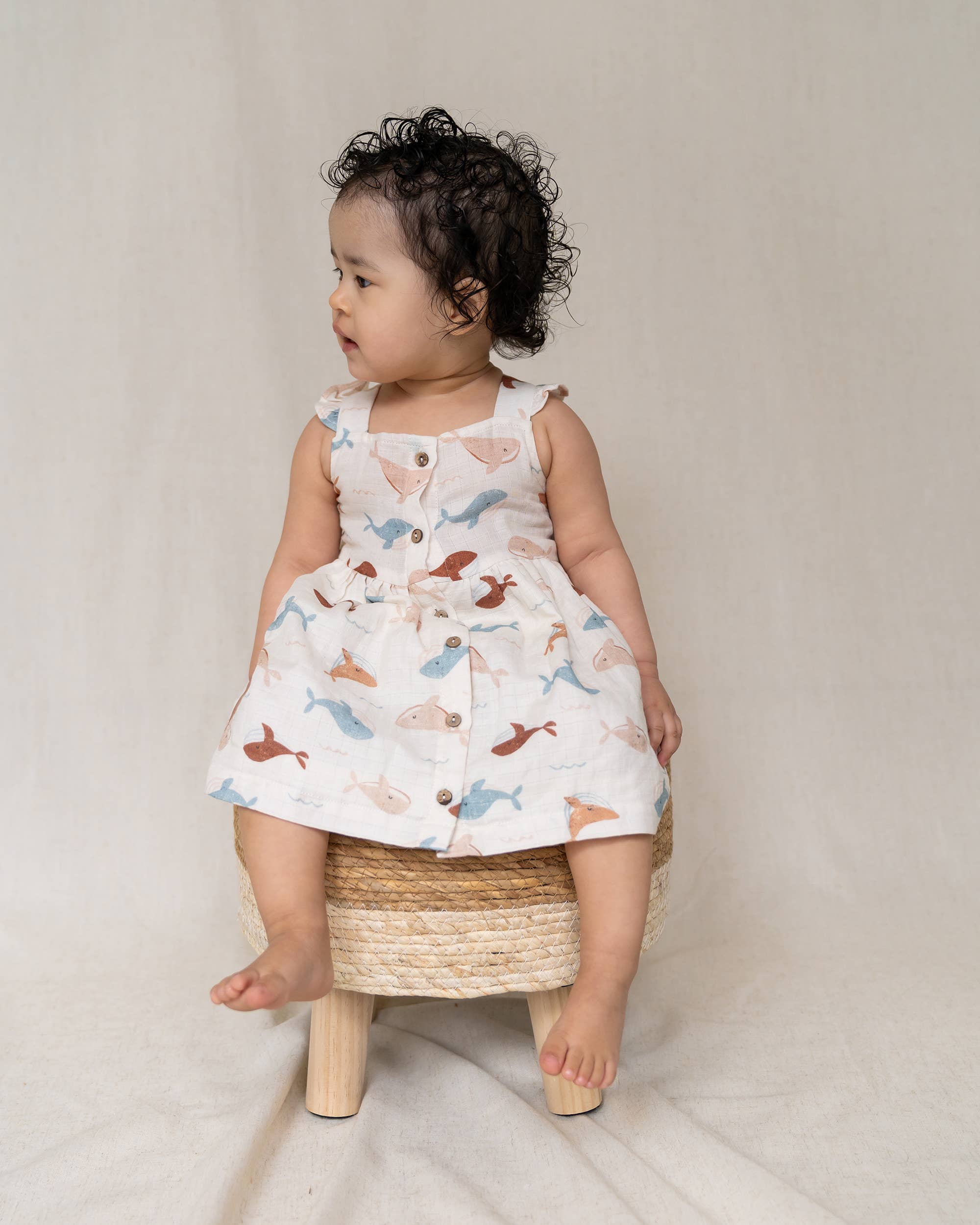 Organic Muslin Whales Ruffle & Button Dress Set