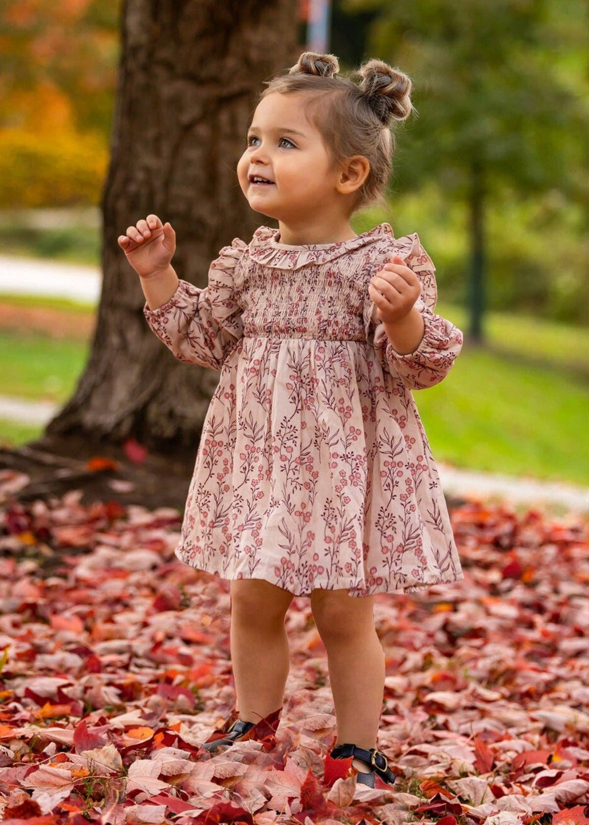 Autumn Floral Tan Long Sleeve Dress