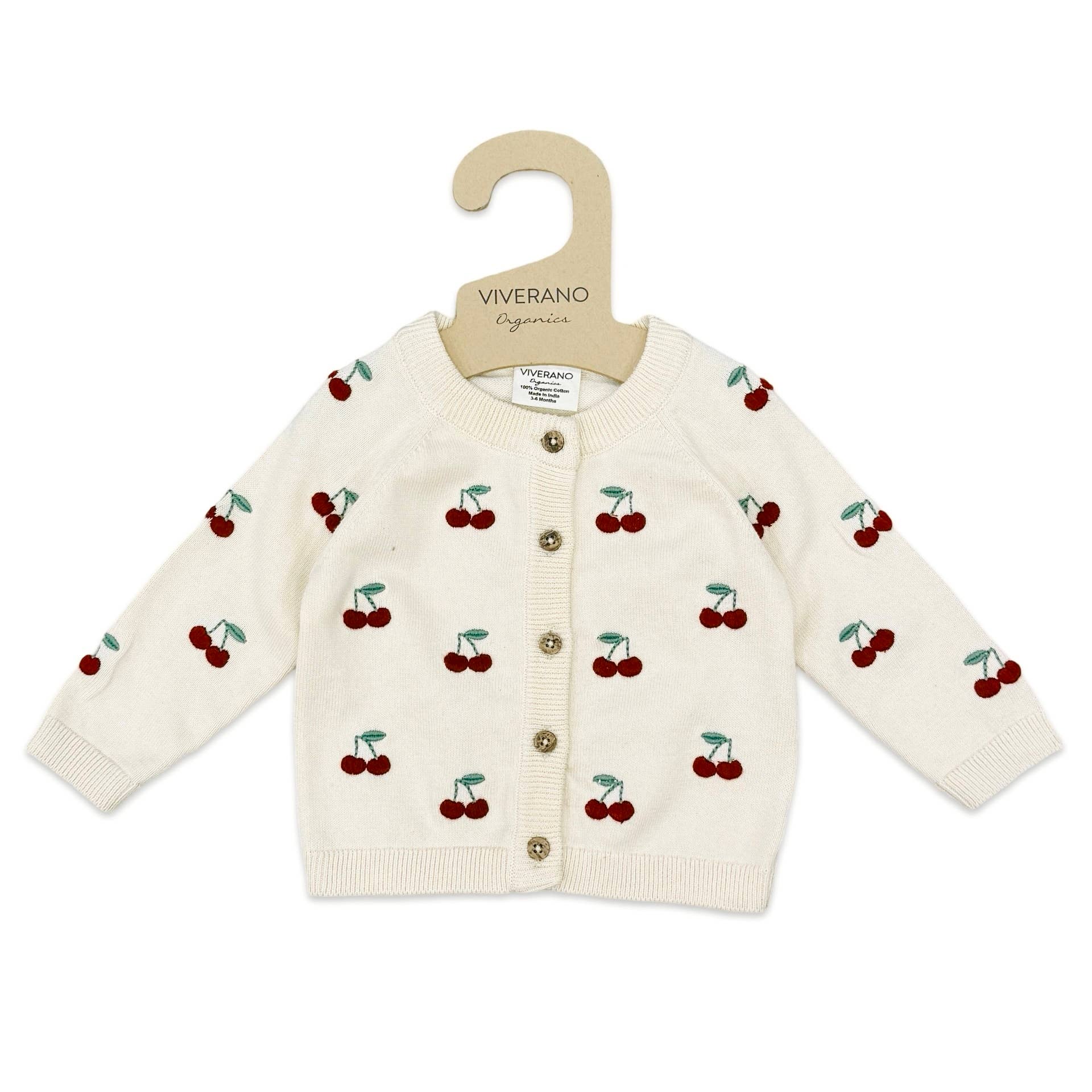 Organic Cherry Embroidered Sweater Knit Baby Cardigan