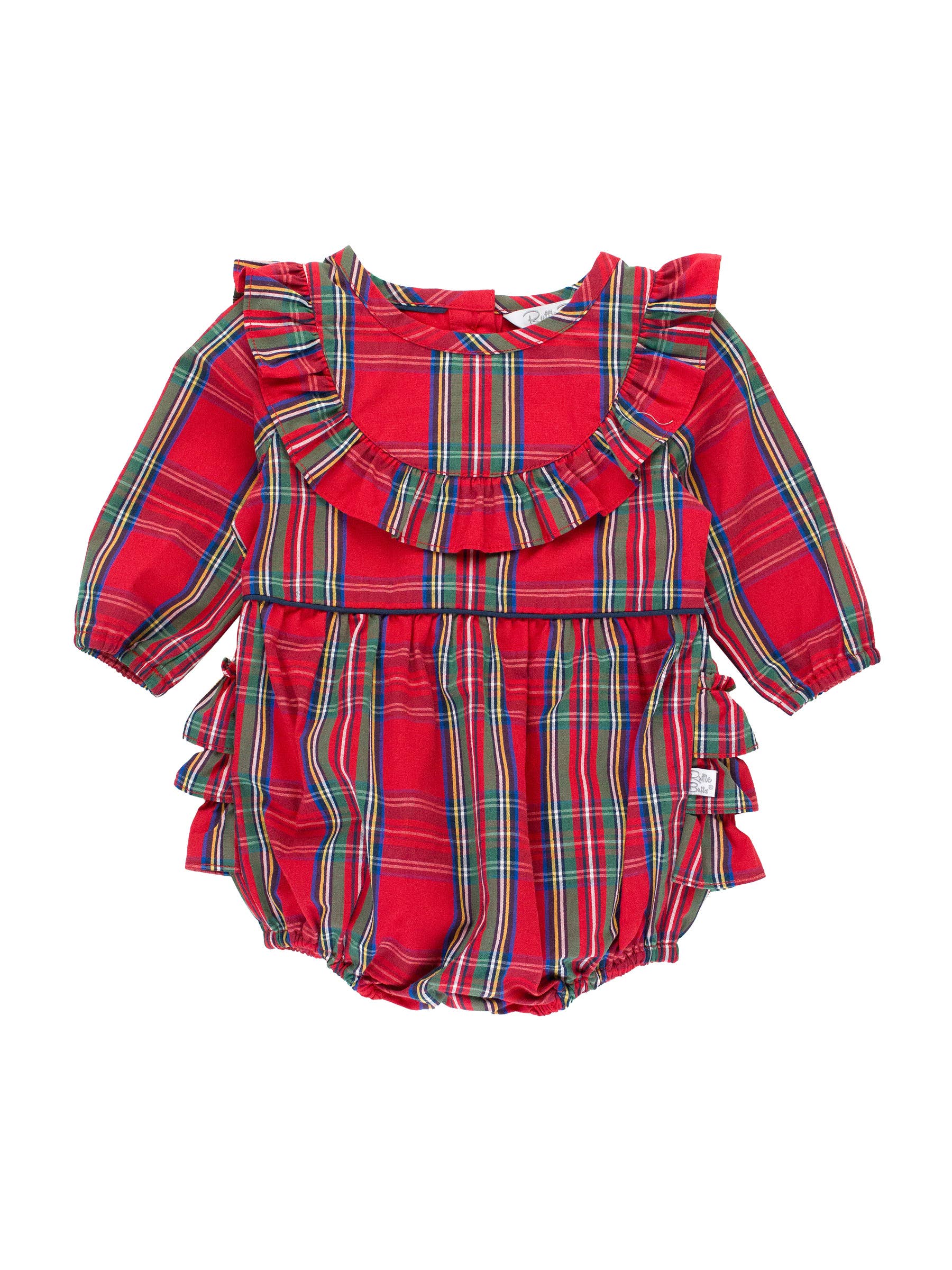 Plaid Long Sleeve Ruffle Trim Bubble Romper