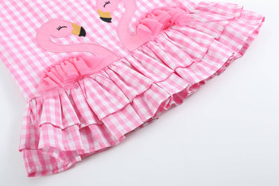 Pink Gingham Flamingo Tulle Ruffle Dress