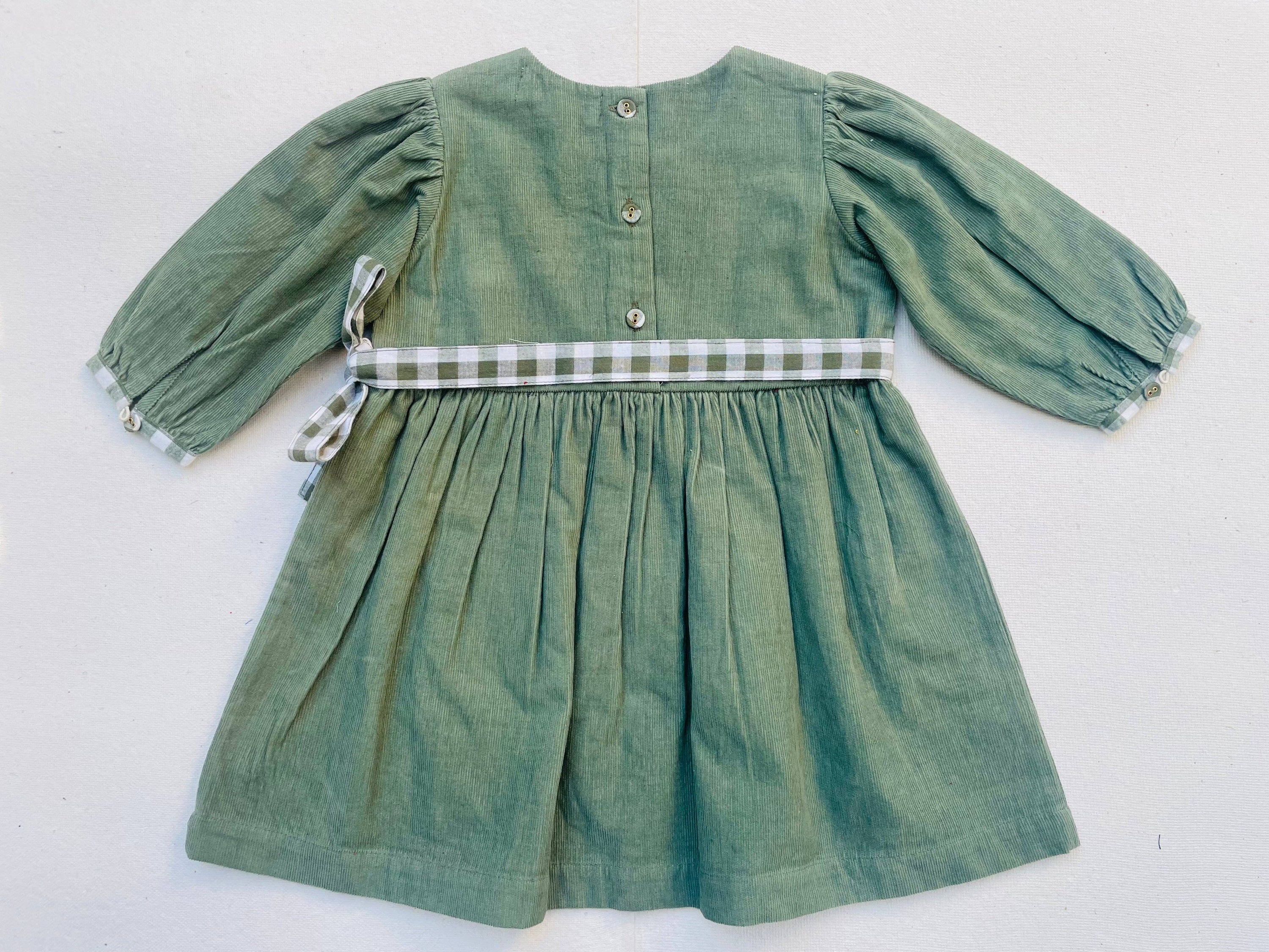 Jade Green Corduroy Gingham Long Sleeve Dress
