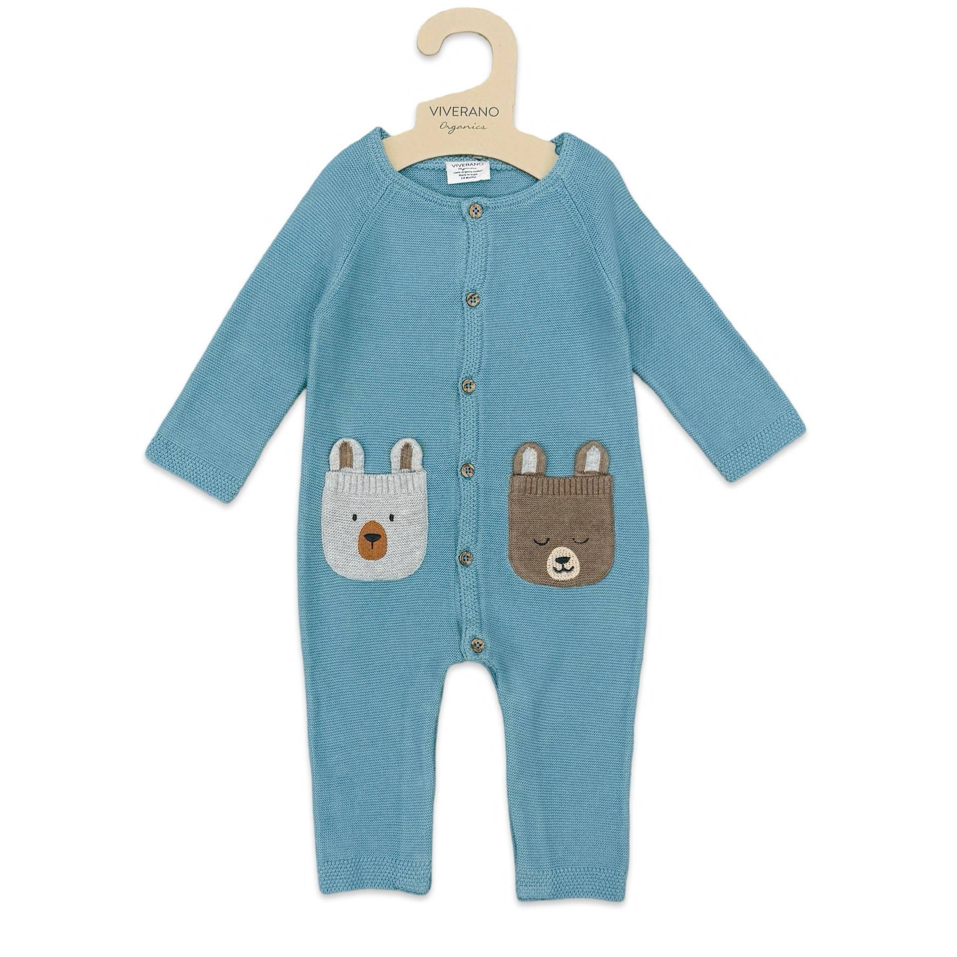Bear Embroidered Pocket Sweater Knit Baby Jumpsuit