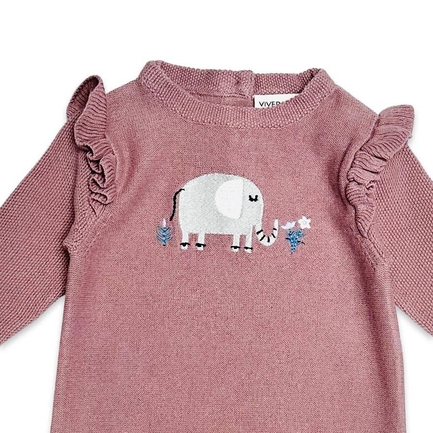 Elephant Embroidered Ruffle Baby Knit Jumpsuit (Organic)