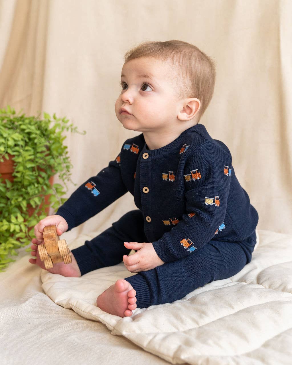 Organic Train Embroidered Button Cardigan Baby Sweater