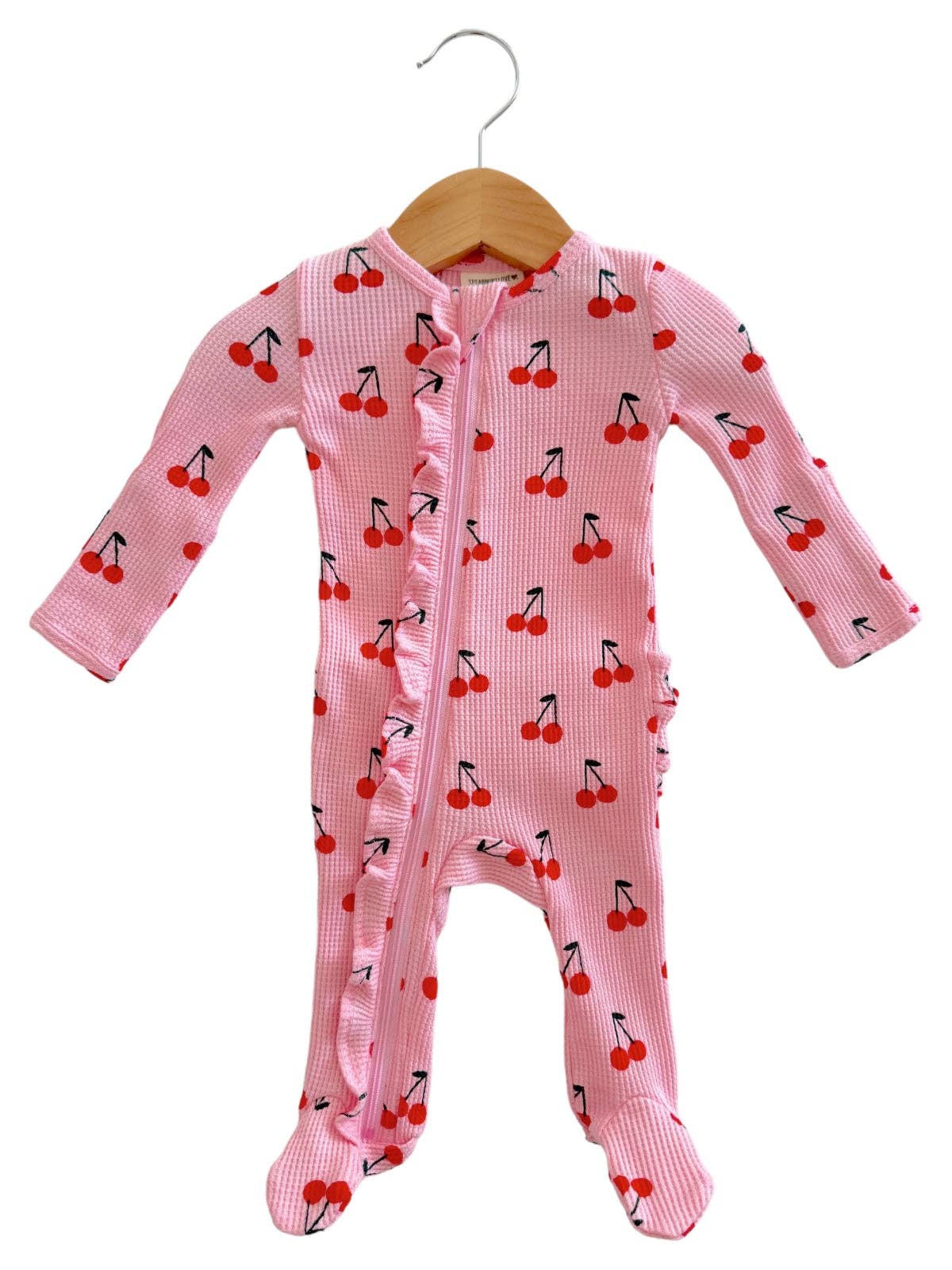 Organic Waffle Ruffle Zip Footie, Pink Cherries