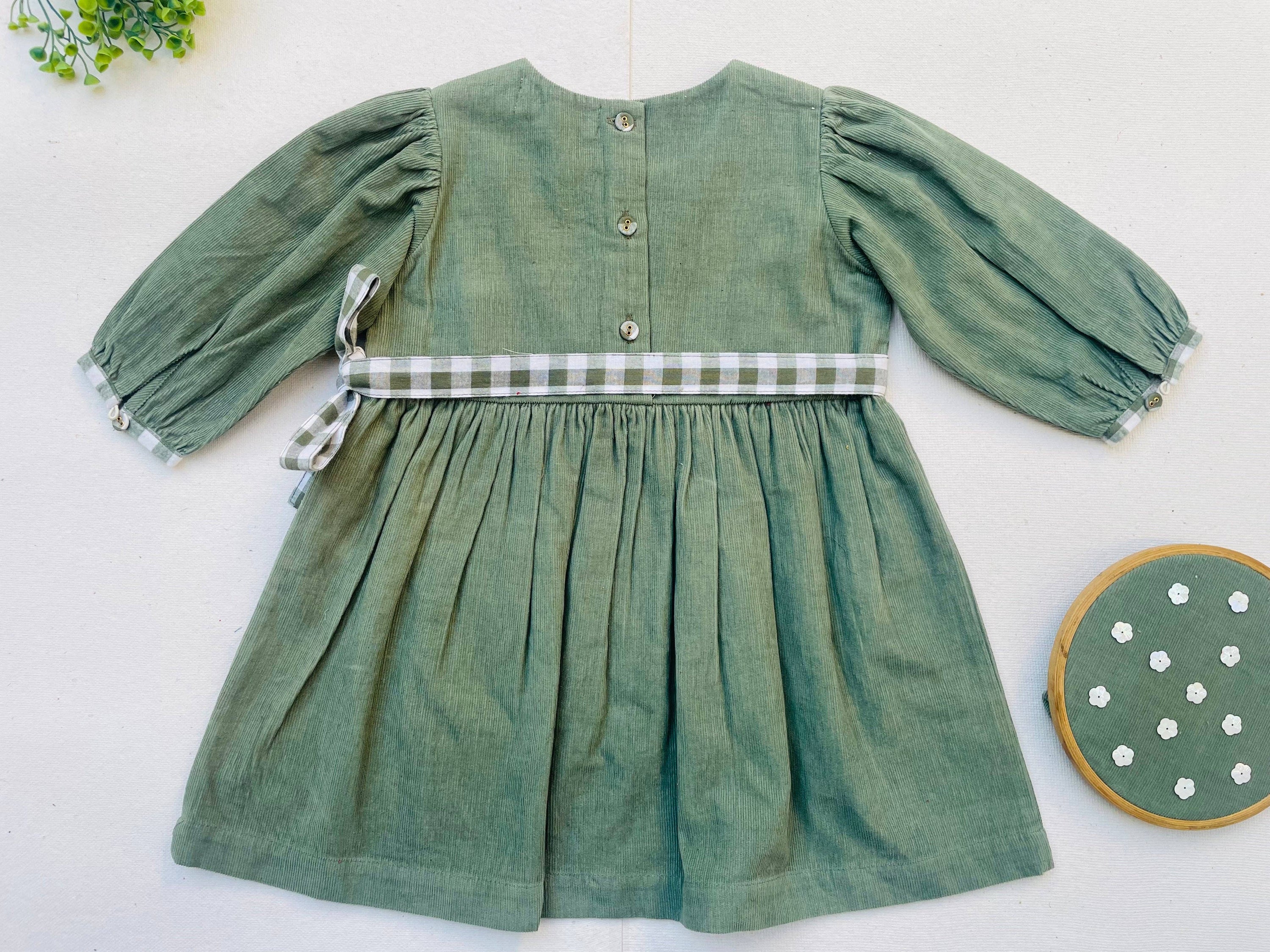 Jade Green Corduroy Gingham Long Sleeve Dress