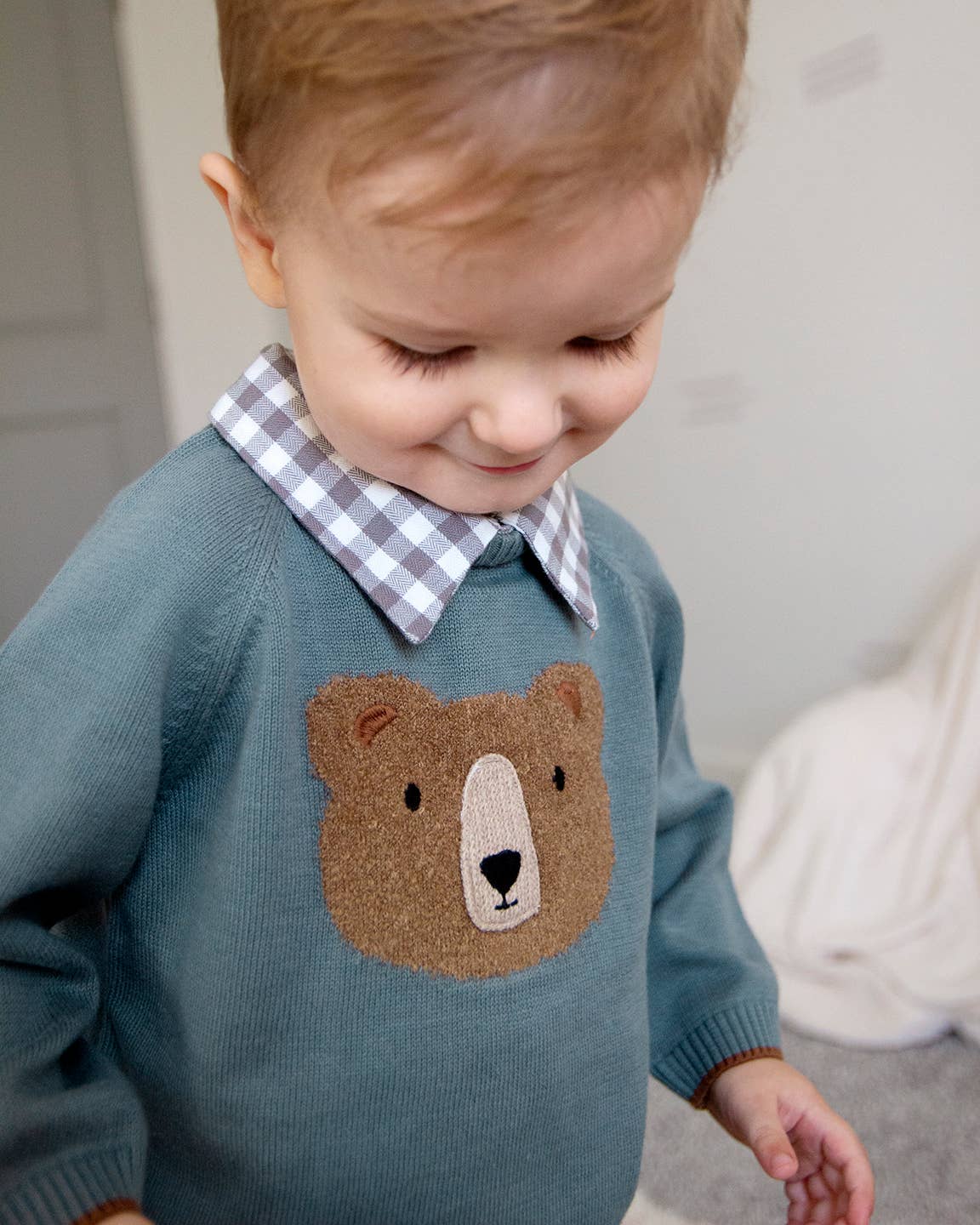 Bear Check Collar Pullover Baby Sweater (Organic Cotton)