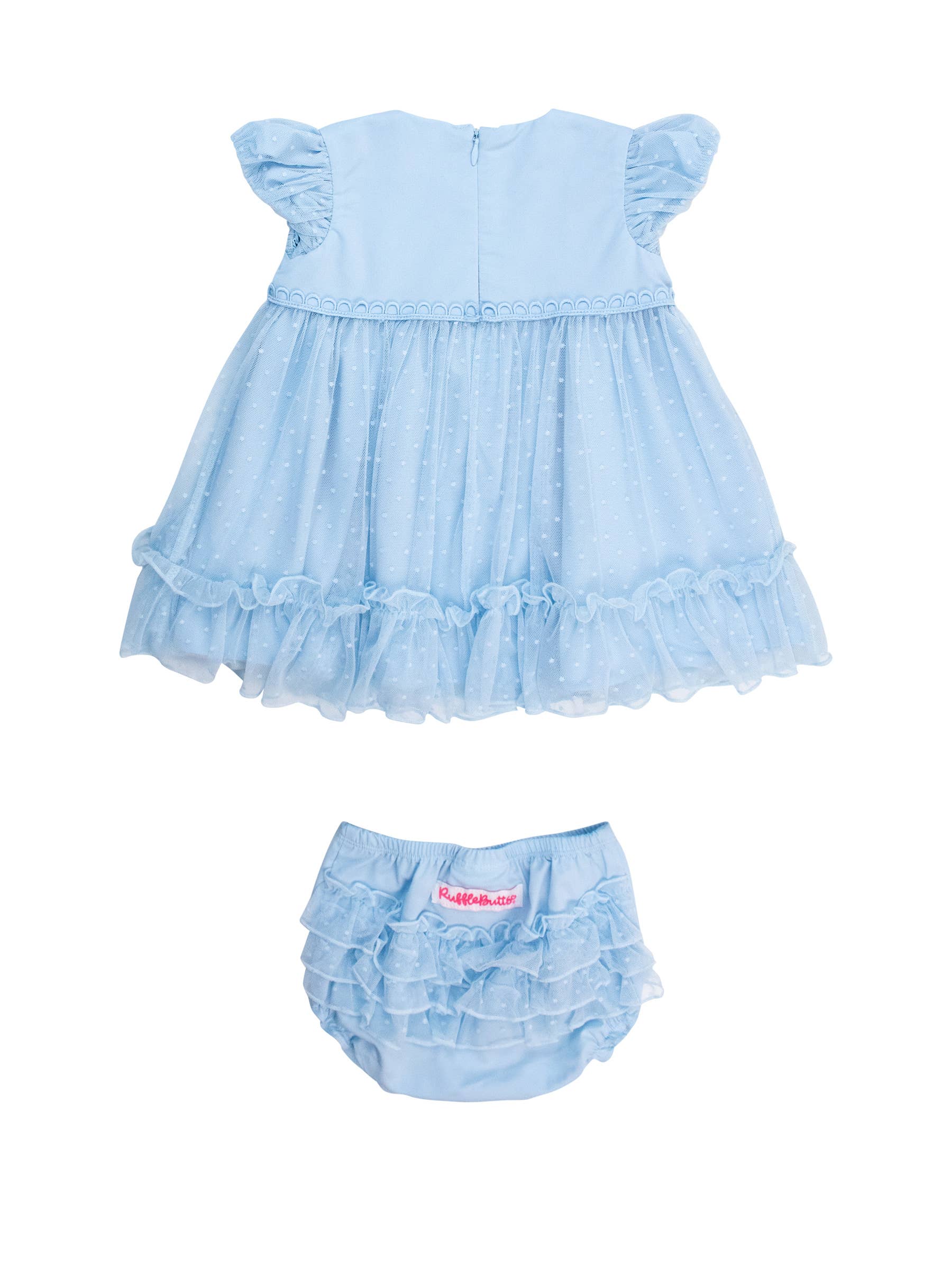 Blue Dotted Tulle Dress & RuffleButt Set