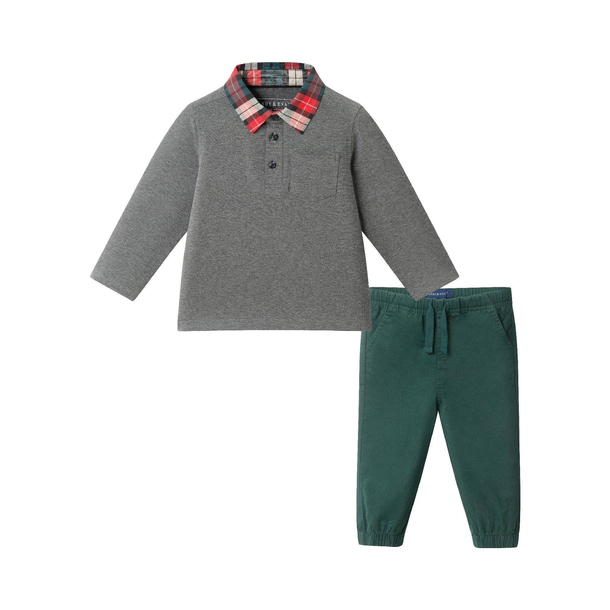 Infant Polo W/Plaid Collar & Twill Pull On Pant | Grey Polo