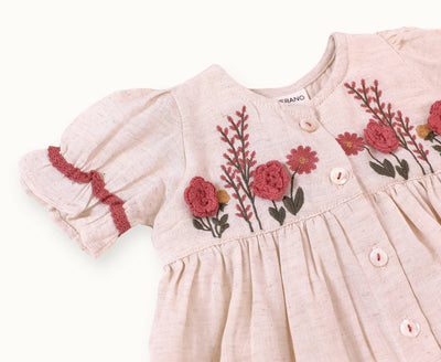 Victoria Embroidered Floral Baby Dress + Bloomer (Linen)