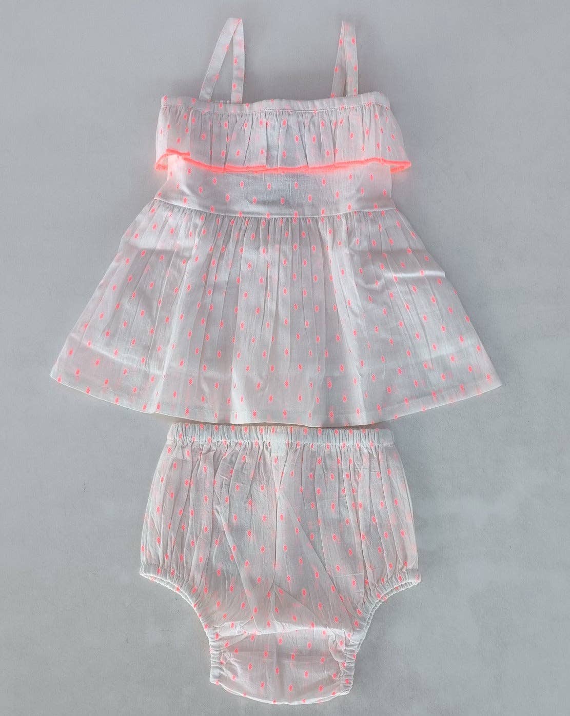 Neon Pink Cotton Dobby Yoke Ruffle Gathered Dress