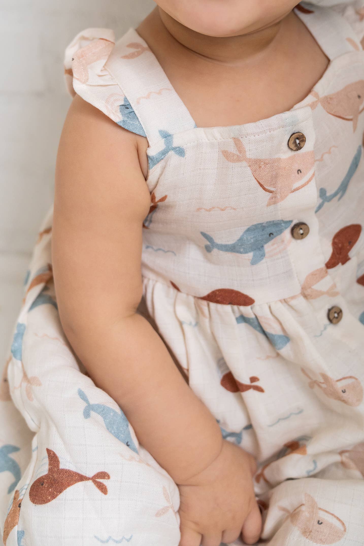 Organic Muslin Whales Ruffle & Button Dress Set