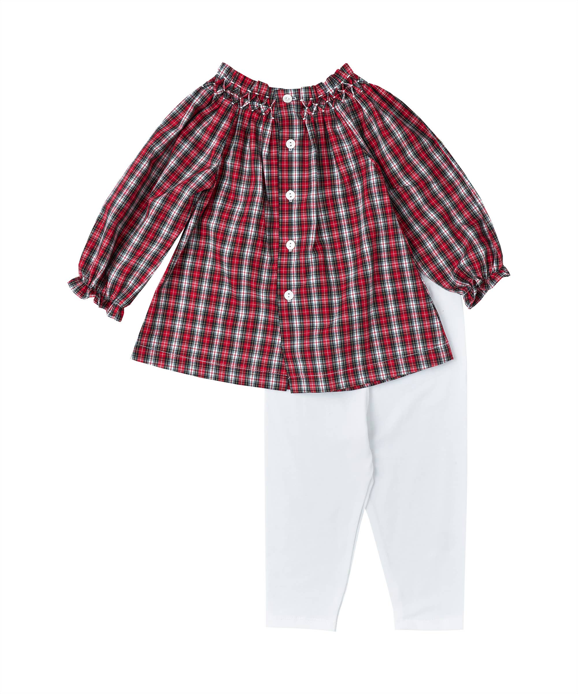 Red Smocked Plaid Tunic + White Leggings