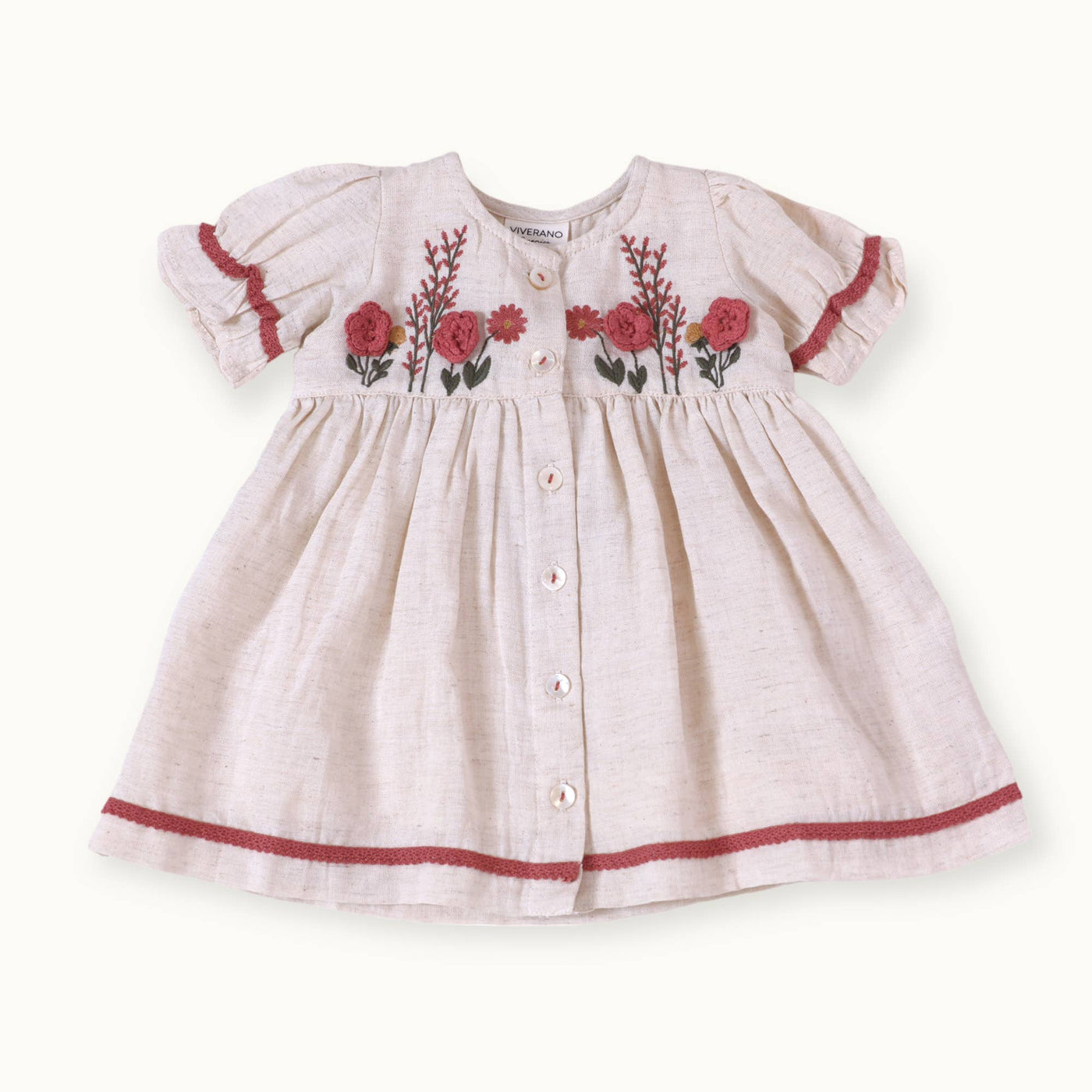 Victoria Embroidered Floral Baby Dress + Bloomer (Linen)