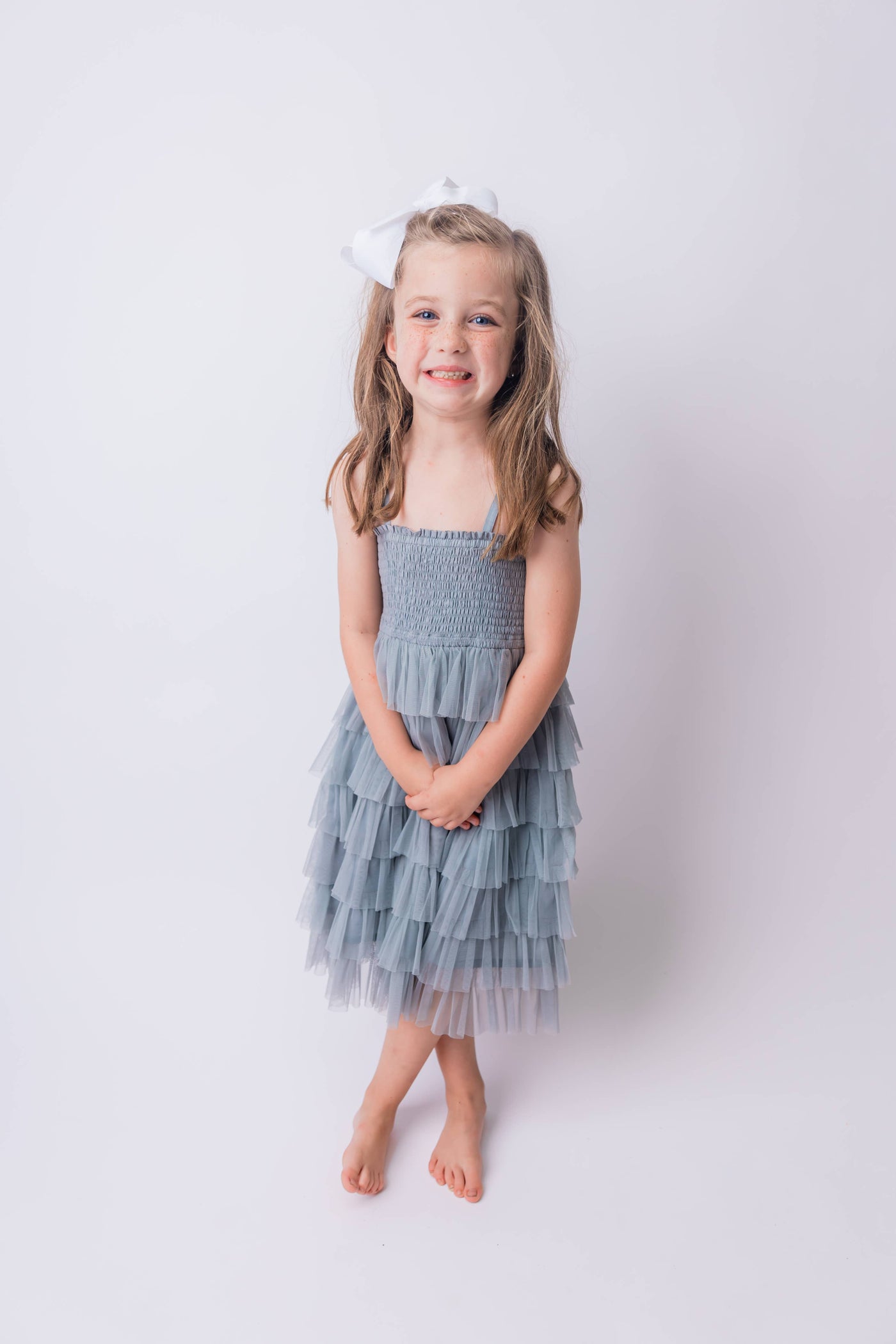 Grey Tulle Solid Color Tiered Ruffle Dress