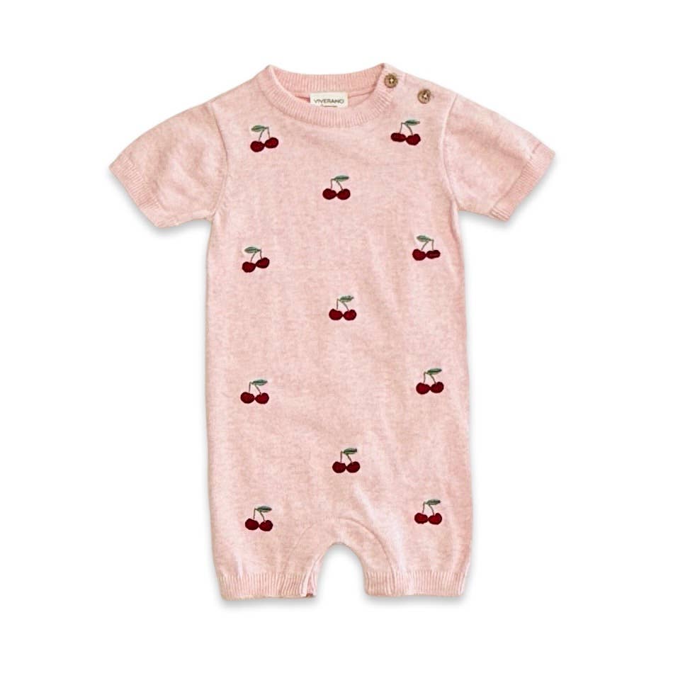 Organic Cherry Embroidered Knit Short Sleeve Baby Romper