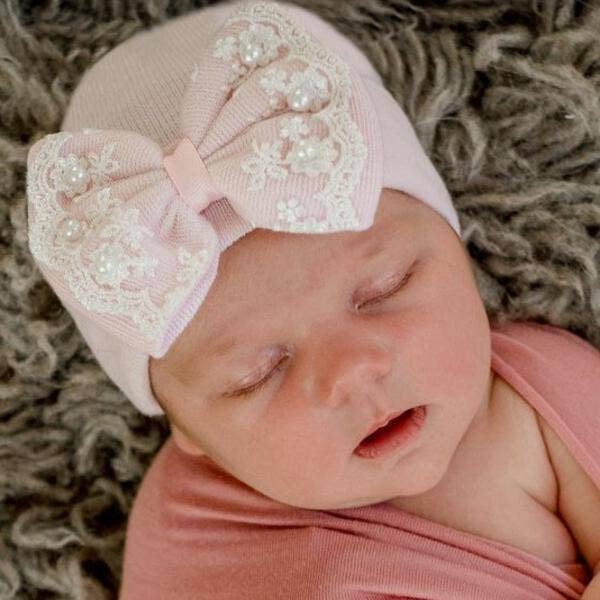 Pink Hat with Lace and Pearl Trim