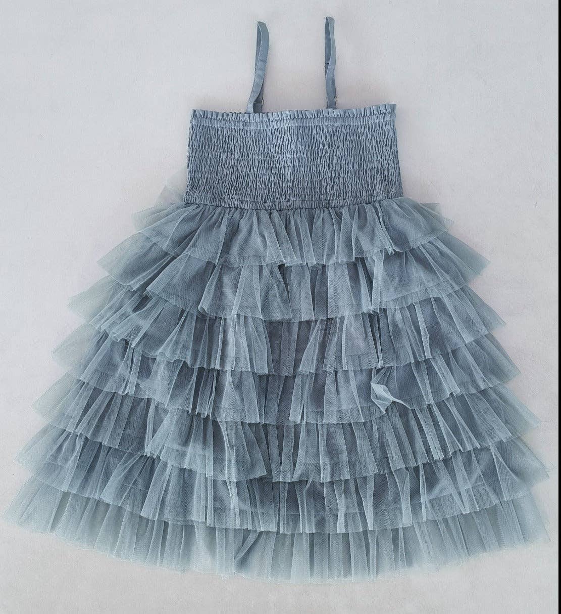 Grey Tulle Solid Color Tiered Ruffle Dress