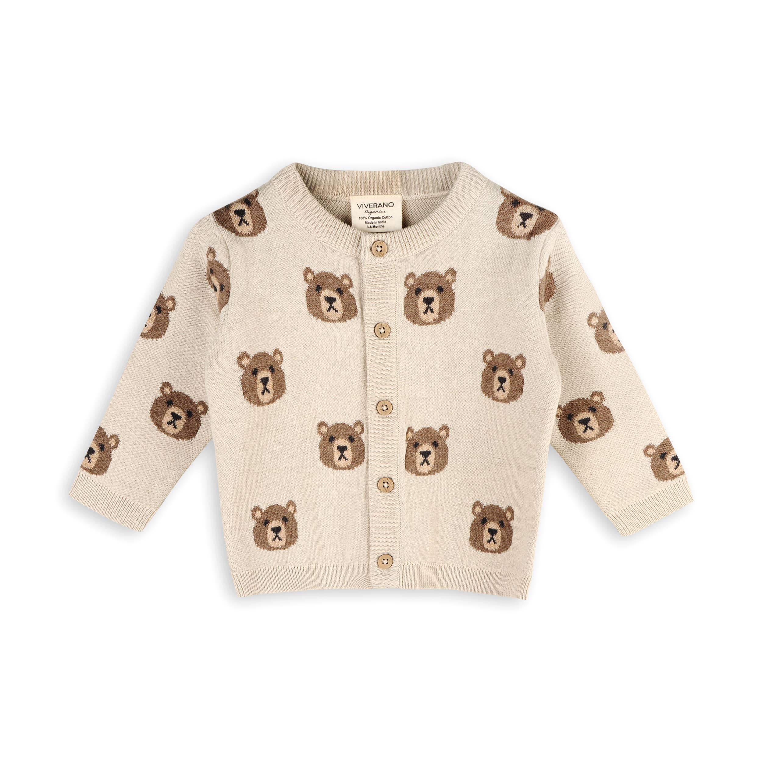 Organic Brown Bear Jacquard Baby Cardigan Sweater