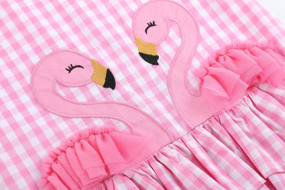 Pink Gingham Flamingo Tulle Ruffle Dress