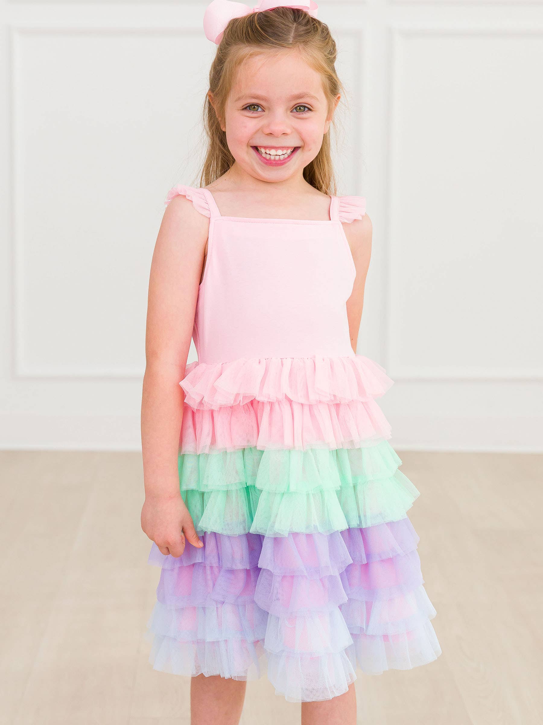 Girls Pink Multicolor Layered Tulle Dress