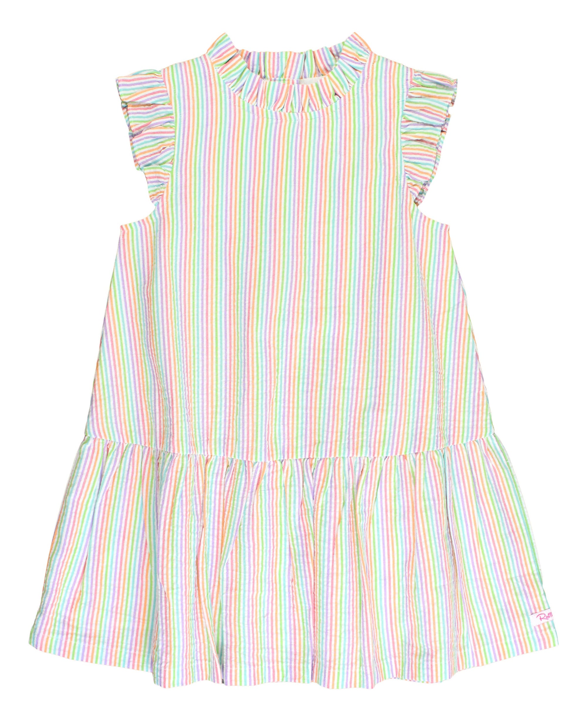 Girls Rainbow Seersucker Mock Neck Flutter Dress