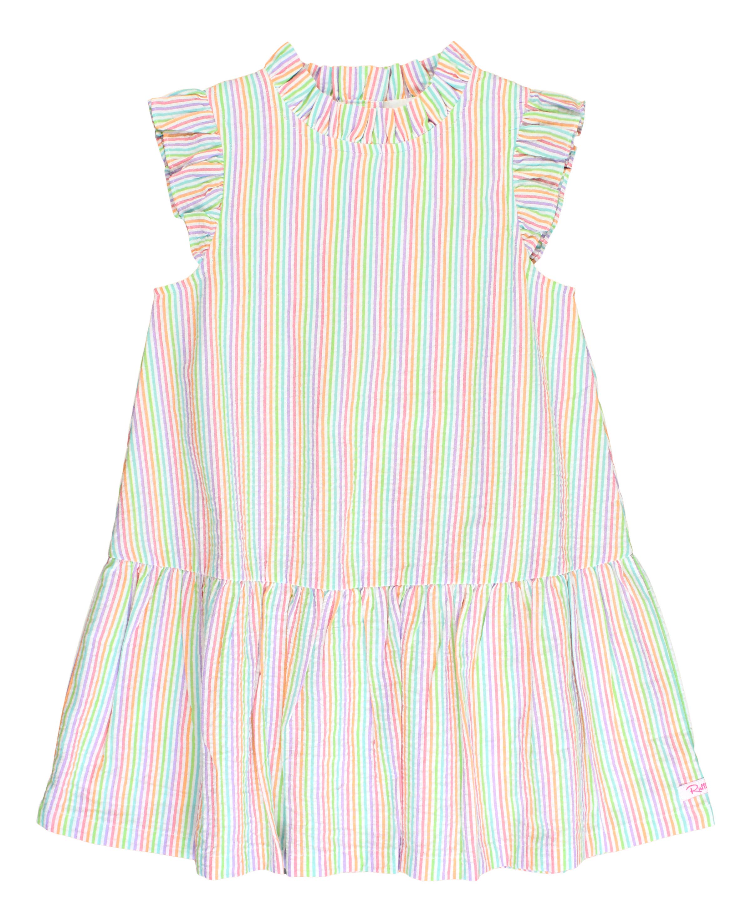 Girls Rainbow Seersucker Mock Neck Flutter Dress