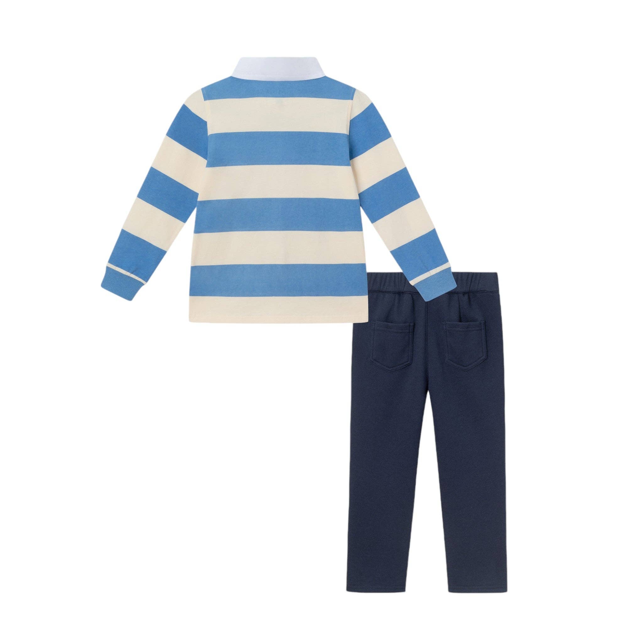 Kids Rugby Shirt & Pique Pant Set | Blue Cream Striped