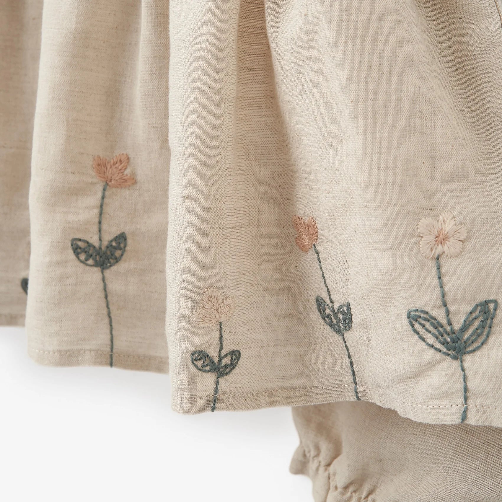 Natural Linen Dress w/ Floral Embroidery