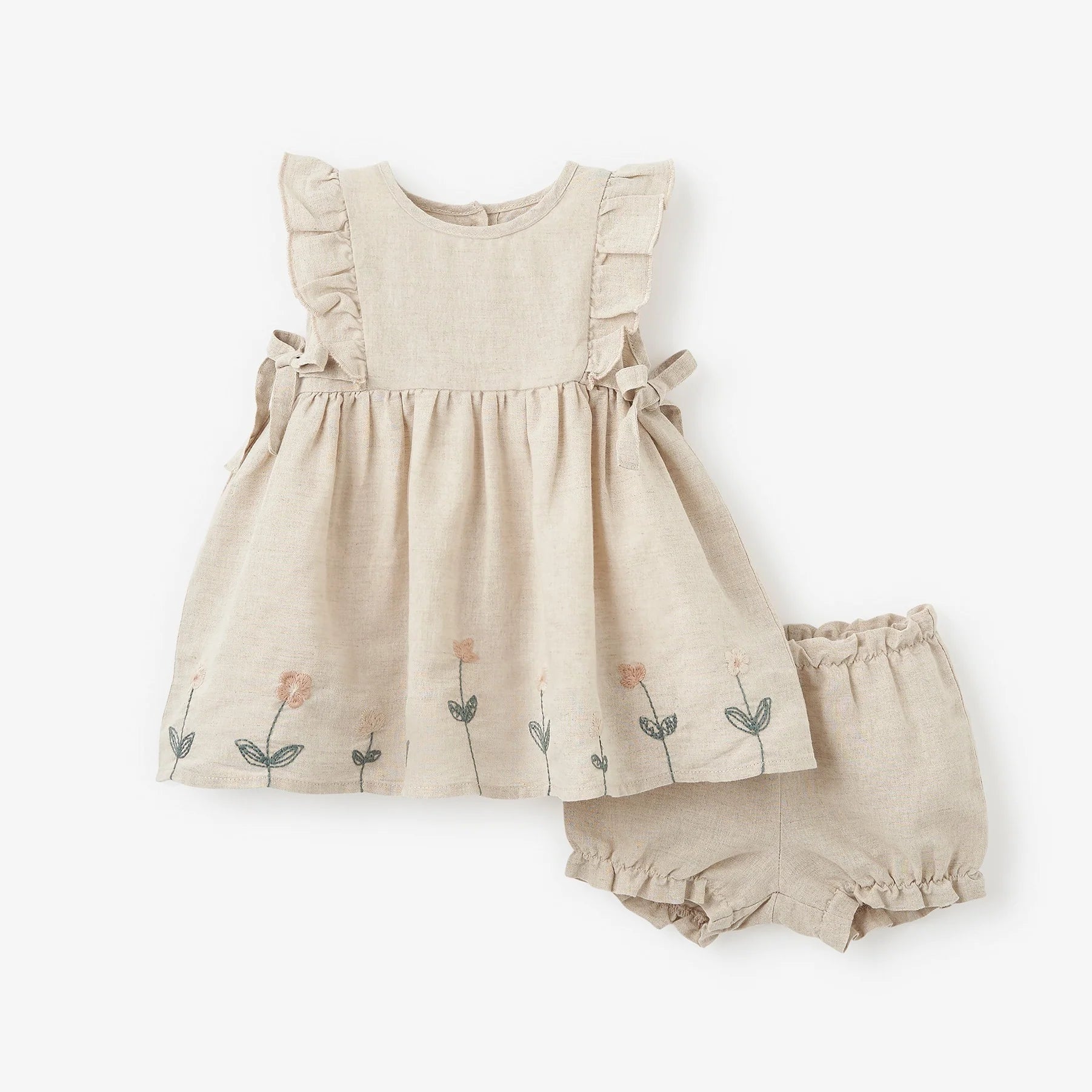 Natural Linen Dress w/ Floral Embroidery