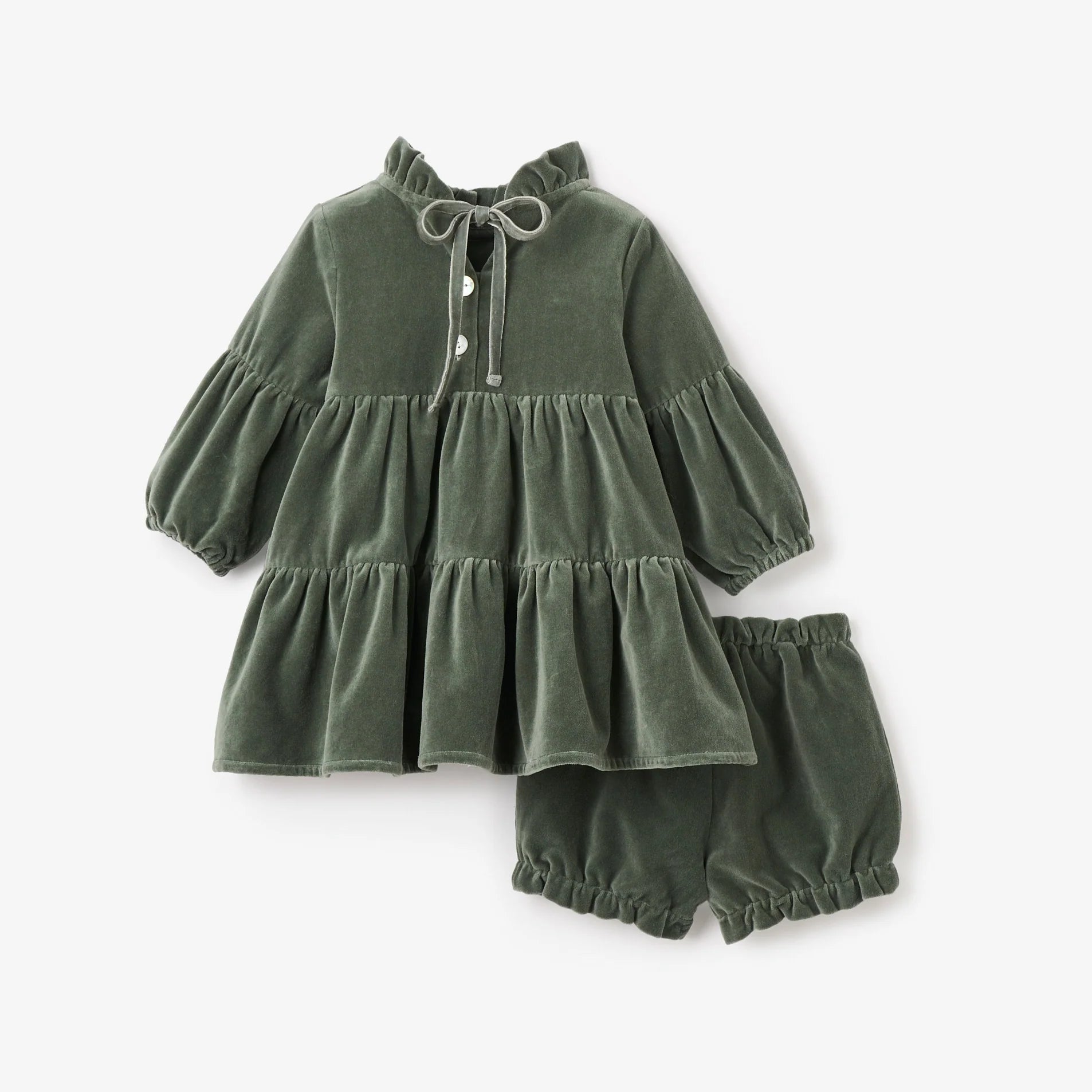 Green Velveteen Ruffle Collar Dress