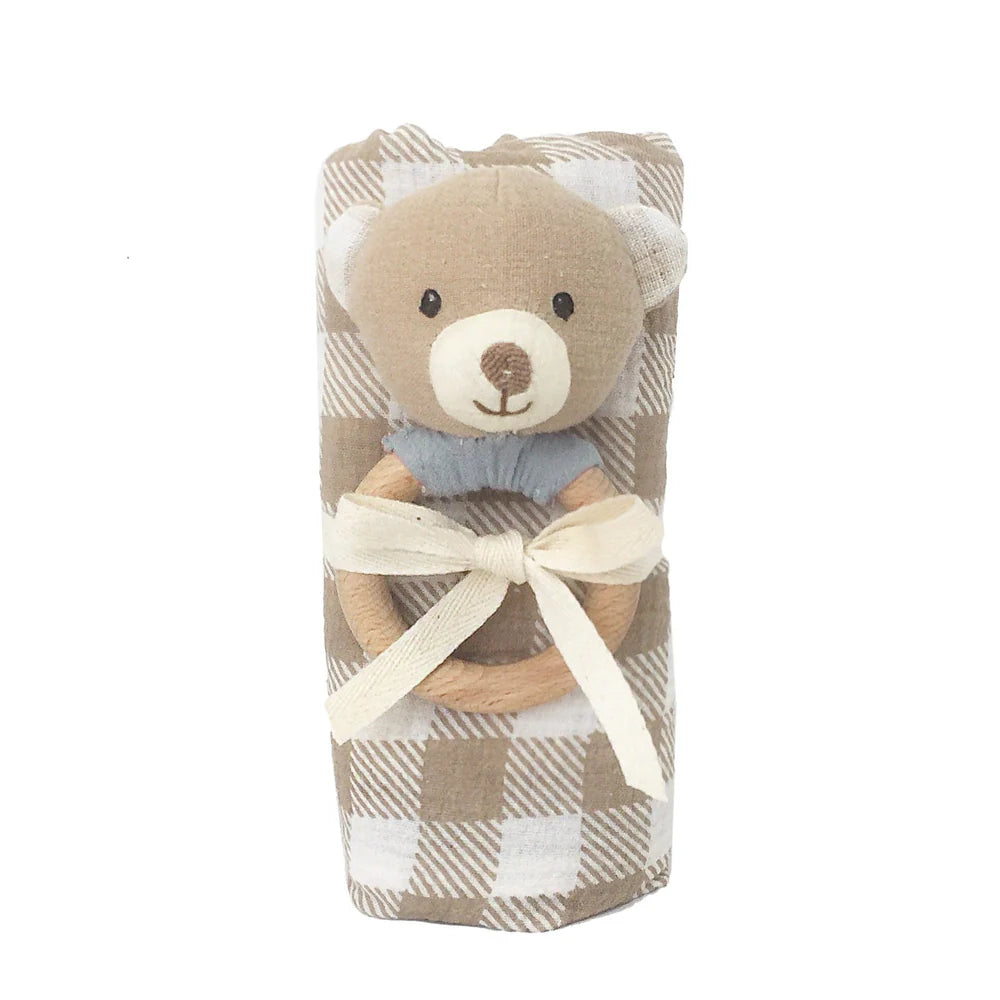 Gingham Muslin Swaddle & Petit Bear Wood Rattle Gift Set