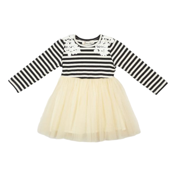 Stripy Tulle Dress with Floral Shoulder Patch